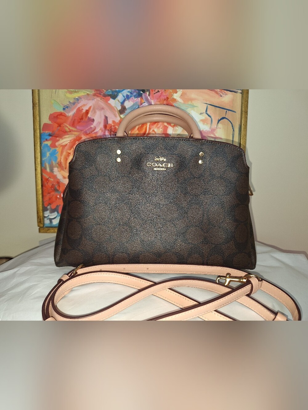 Coach Mini Lillie Carryall In Signature Canvas 91494 Brown Blush  EUC Satchel